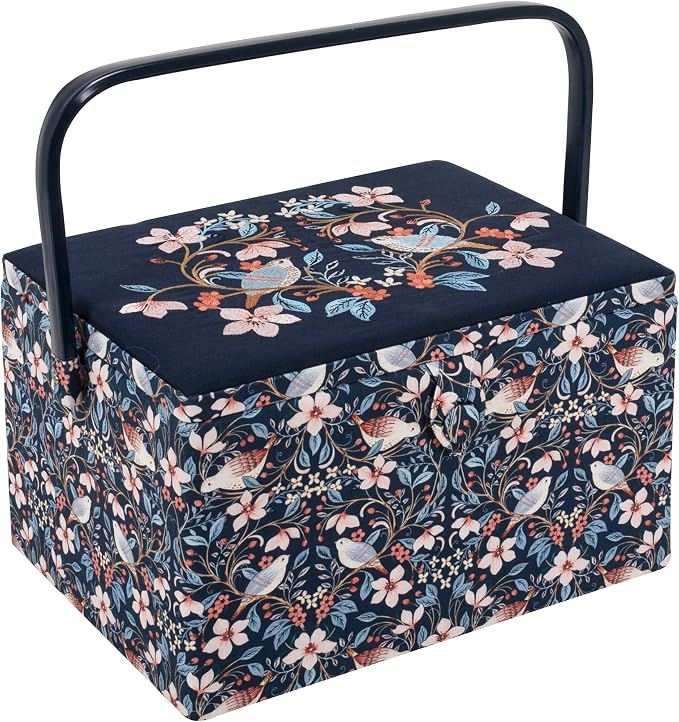 Hobby Gift Large sewing box - Birds in flowers made of embroidered cotton fabric with plastic handle, hard plastic inner tray with compartments, pin holder 23.5x31x20cm by HobbyGift