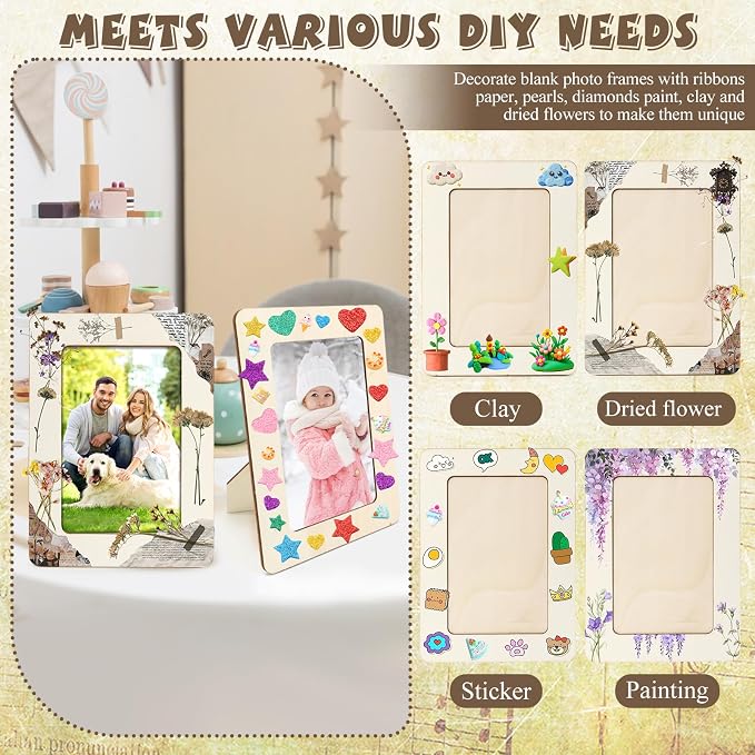 ZYNERY 48 Pcs Wooden Picture Frames for Crafts,DIY Unfinished Solid Wood Bulk Photo Picture Frames for 4" x 6" Photos with Standing Support,Memorial Gift Desk Decor - Image 4
