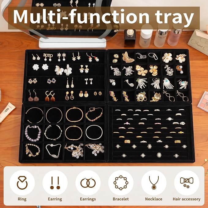 Jewelry Trays for Drawer,Set of 4 Jewelry Organizer and Storage | Velvet Material,Stackable,Adjustable Dividers,Drawer Inserts for Rings Studs Bracelet,Earring Organizer for Women Girls - Image 6