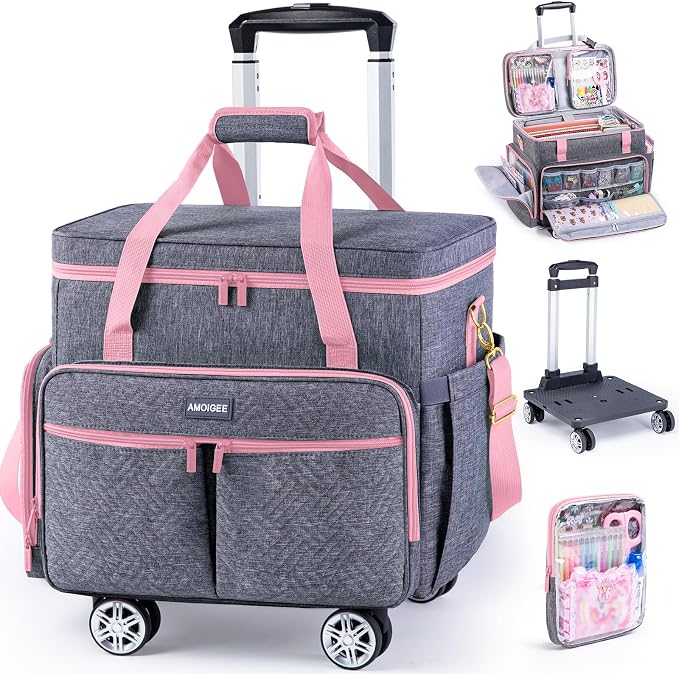 AMOIGEE Rolling Tote Bag with Wheels and Handle, Sewing Machine Case, Craft Organizer Tote for Scrapbooking Storage, Teacher Rolling Bag, Craft Supply Storage, Art Bag, Rolling Cart for Teachers by AMOIGEE