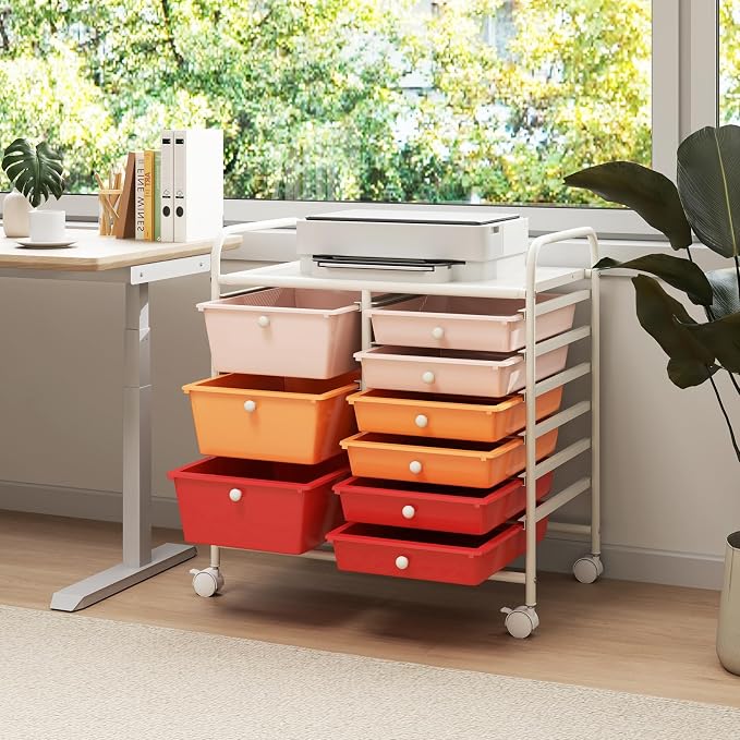 RELAX4LIFE 9 Drawer Rolling Storage Cart - Mobile Drawer Carts for Craft Art Supply Paper Salon, Utility Cart on Wheels for Classroom Teacher School Office, Rolling Cart with Drawers (Macaron) - Image 2