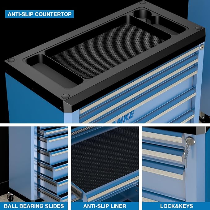 7-Drawer Rolling Tool Chest with Wheels,Locks,Blue Tool Cabinet | Lock&Keys, 360°Wheels with Brakes,Different Sizes of Drawers,Anti-scratch Drawer Liner,Unique Connect Buckle for connecting - Image 6