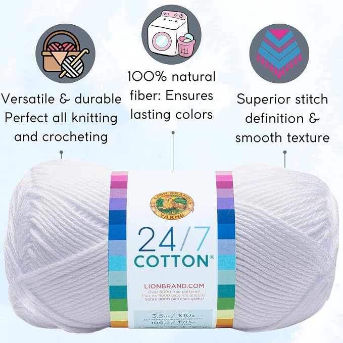 Lion Brand Yarn 24/7 Cotton 761-100 White | 3 Skeins, Same Dye Lot, Project Bag, CYC #4 Worsted, 100% Mercerized Cotton, Ideal for Crochet, Knitting Amigurumi, Toys - Image 2