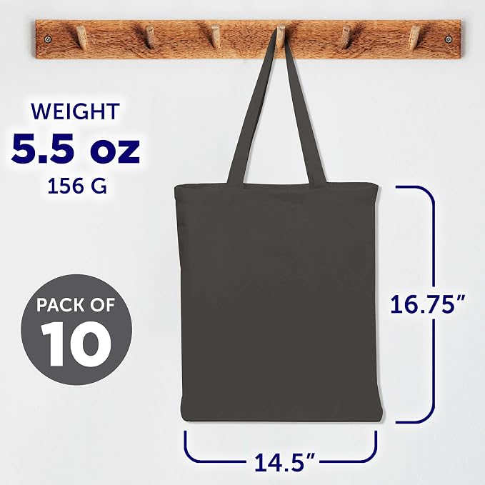 DISCOUNT PROMOS Cotton Canvas Tote Bags Set of 10, Bulk Pack - Reusable, Great for Shopping, Grocery, Beach, Picnic, Wedding Favors - Dark Grey - Image 7