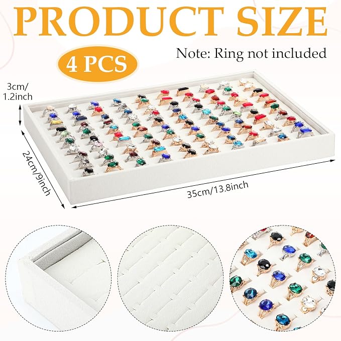 4 Pcs Beige Velvet Ring Display Tray Bulk Ring Board 100 Slot Insert | Stackable Ring Tray Pack 13.8 x 9.4 x 1.2 Inch, Cardboard Rings Holder, Ring Board for Vendors Rings Case Display for Jewelry - Image 2
