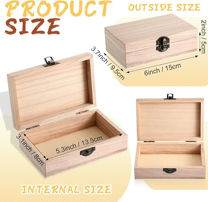 Yookeer 16 Pieces Unfinished Wooden Boxes with Hinged Lid Bulk Wood Box for Crafts Rectangle Keepsake Front Clasp Wooden Storage for Crafts Paint DIY Hobby Jewelry Arts, 6 x 3.7 x 2 Inch - Image 3