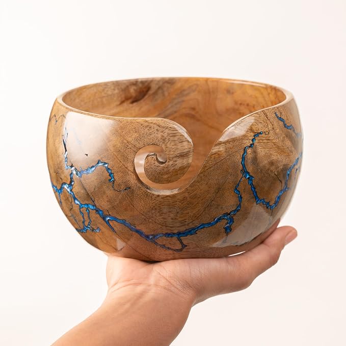 Cute Wooden Yarn Bowl for Crocheting, 7x4inch Large Mango wood Crochet Holder Gift Accessories and Knitting Gadgets Supplies Handcrafted with Fractal Wood Burning & Blue Resin Inlay (M-Blue) - Image 6
