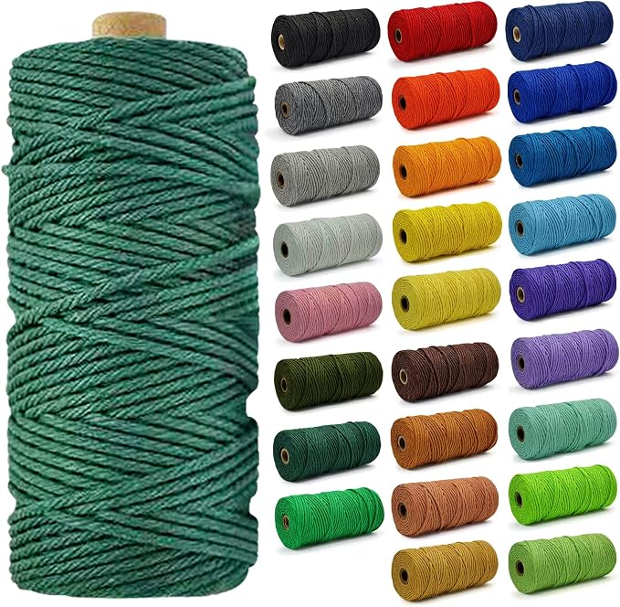 Macrame Cord - Natural Unbleached Macrame Rope - 4 Strand Twisted Cotton Rope for Wall Hanging，DIY Craft Making，Plant Hangers，Knotting Decorative Projects (Dark Green, 3mm x 220Yards) by FocusoncottonHdviai