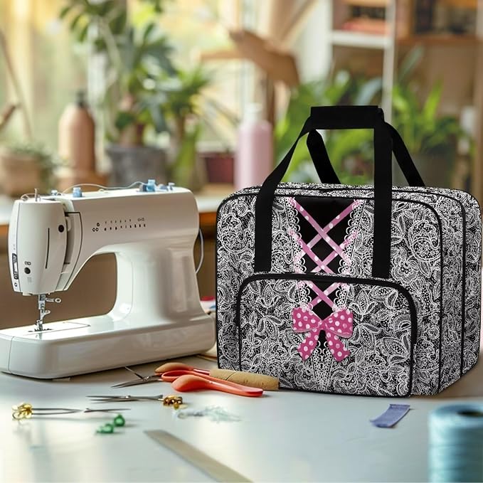 Sewing Machine Tote Bag Universal Sewing Storage Dust Bag Versatile Sewing Machine Carrying Case Portable Sewing Machine Organizer Bag, V-Neck Bow Lace Print - Image 4