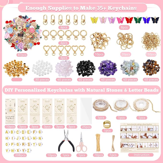 907 Pcs Lipgloss Keychain Making Kit,Bag Charm Kit with Crystal Stone | with 5 Colors Crystal Stones,Charms,Key Rings,Clips,Pliers,Letter Beads,Manual,Gift Bag,Extender Chain for DIY Crafting - Image 2