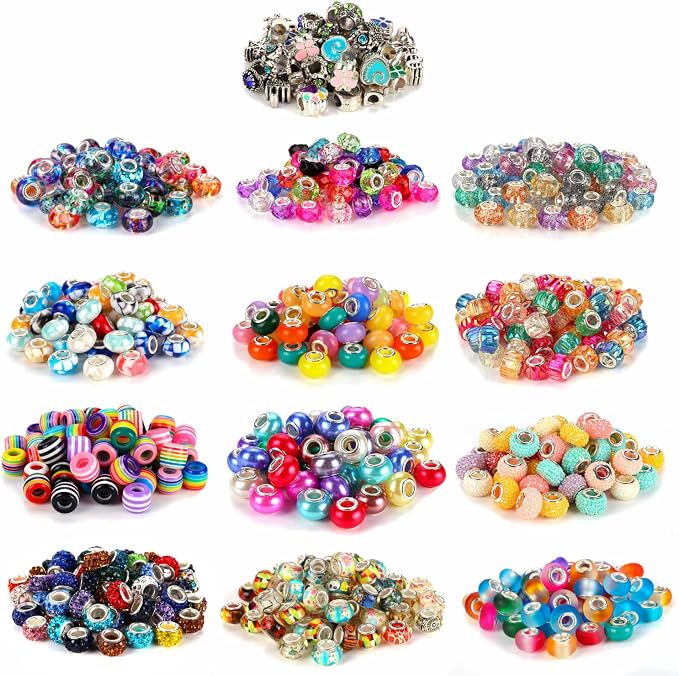 Aipridy 210 Pcs Large Hole European Beads, Craft Supplies Kit, Assorted Mixed Color Lampwork Spacer Beads for DIY Bracelet Jewelry Making (210, Mixed Pack by Style) - Image 7