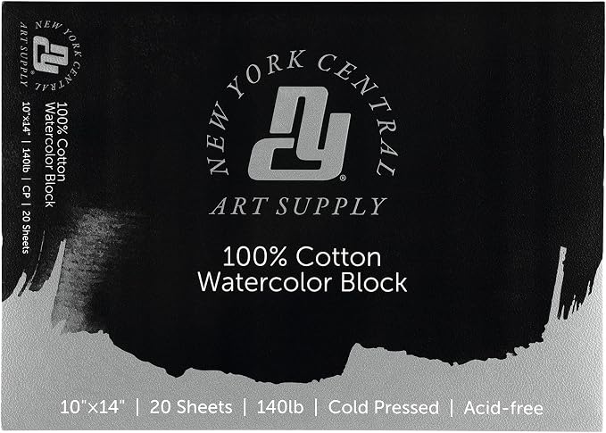 New York Central Watercolor Block, 140lb/300gsm Cold Press 10x14, 20 Sheets, Archival Watercolor Paper for Artists, Students, Durable Water Color Paper, Wet and Dry Media, Case Pack of 10 by NewYorkCentral