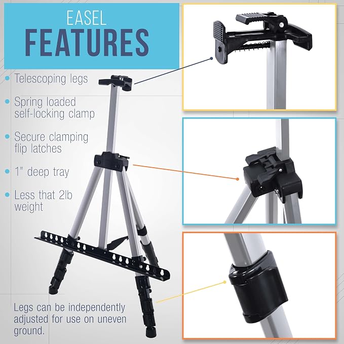 U.S. Art Supply 66" Silver Metal Tripod Easel Display - Adjustable 18"- 5.5', Holds 36" Canvas - Floor/Tabletop Easel Stand, for Sign Display, Painting, Poster Board, Canvas - Portable Bag - Image 3