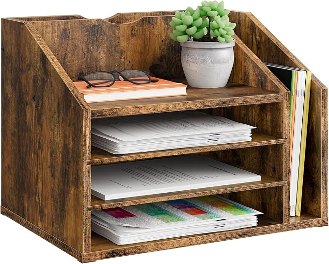 Wooden Desk Organizer with Adjustable Partitions, Multi-Layer Desktop File Holder for Home Office, Paper & Stationery Storage Organizer, Rustic Brown MWJ04FG by Choezon