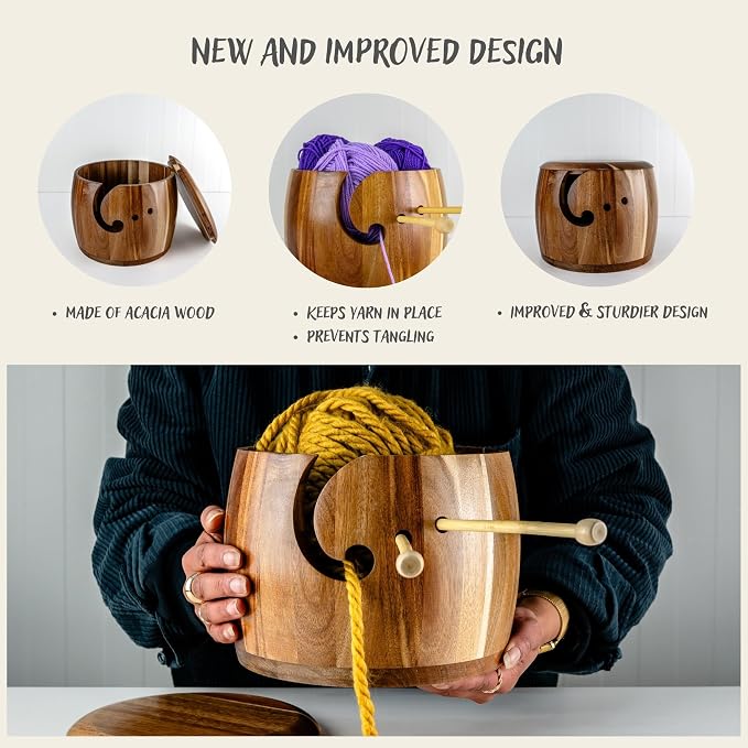 Tyck Design's Large Wooden Yarn Bowl with Lid - 9x7 Inch XL Acacia Wood Holder for Knitting, Crocheting & Macrame - Extra Big & Strong Yarn Storage - Image 4