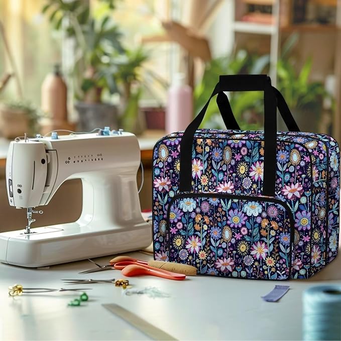 Sewing Machine Case Portable Sewing Machine Carrying Bag Large Capacity Storage Bag Universal Sewing Machine Organizer Bag, Hippie Flower Lotus Blue - Image 4