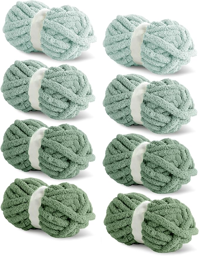 8 Packs Jumbo Sage Green Chunky Chenille Yarn for Crocheting, Bulky Thick Fluffy Yarn for Knitting, Super Bulky Chunky Yarns for Hand Knitting Blanket (27 yds,8 oz Each Skein) by Naozinebi