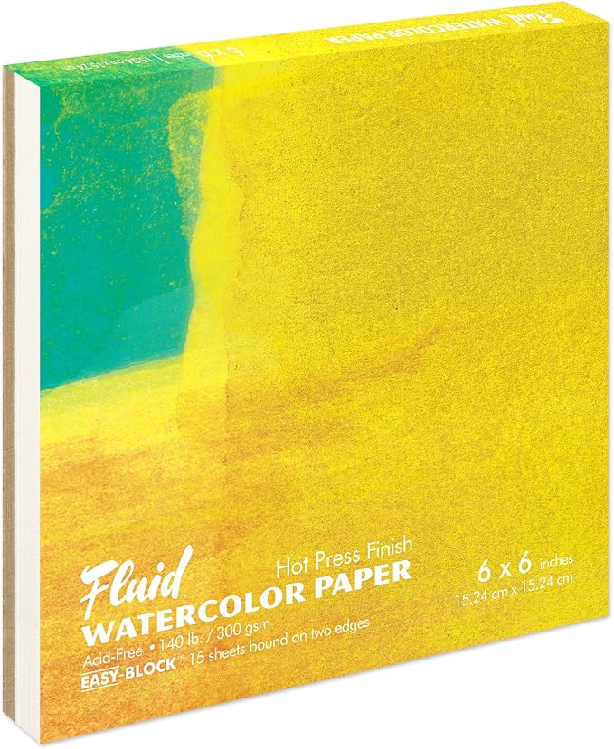 Fluid Watercolor Paper Block, 6 x 6 inches, 15 White Sheets, 140 lb (300 GSM) Hot Press Pad for Artist Painting and Wet Media by SpeedballArt