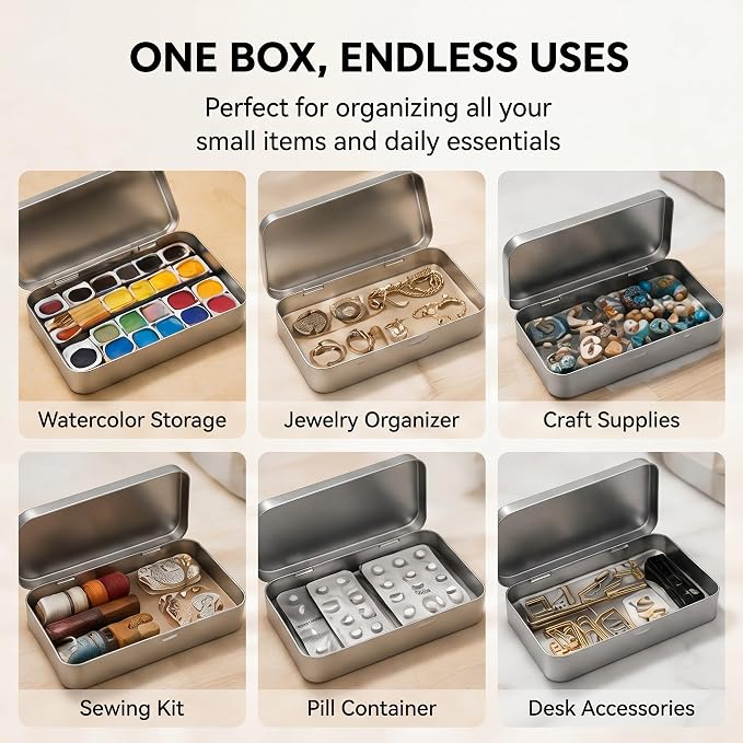 Geiserailie 10 Pack Metal Tin Boxes with Hinged Lids, Rectangular,Sliver | Empty Storage for Watercolor Paint, Jewelry, Pencil Case, Candy, 7.0x4.2x0.6 Inch Rectangular Craft Organizer Tin - Image 7