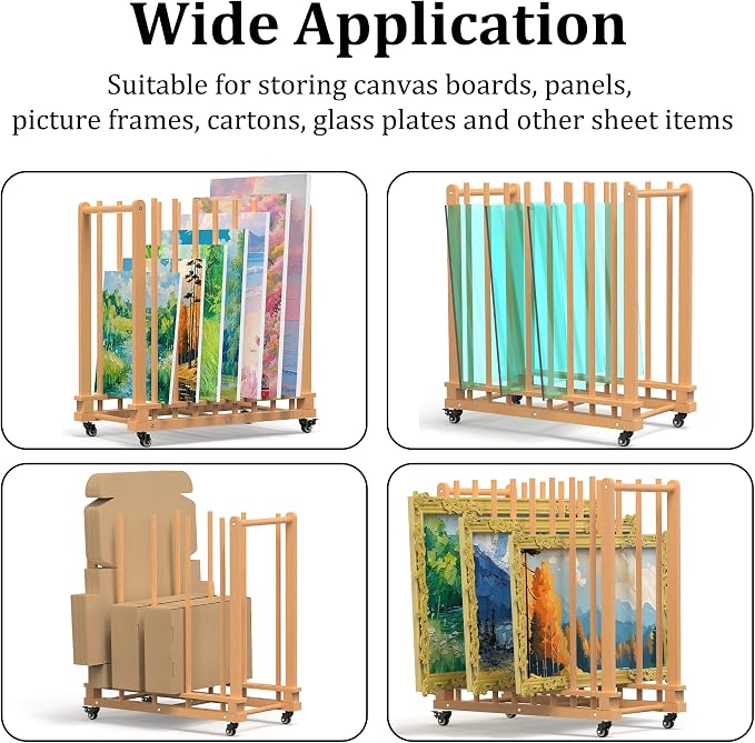 Art Storage Rack with Wheels & Handle- Beech Wood Canvas Organizer & Artwork Storage Organizer for Drawing Board, Panel, Paper Pad for Art Studios, Artworks, Gallery, Classroom - Image 7