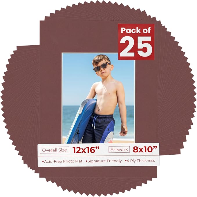 8x10 Mat for 12x16 Frame - Precut Mat Board Acid-Free Show Kit with Backing Board, and Clear Bags Maroon 8x10 Photo Matte Made to Fit a 12x16 Picture Frame Matboard for Framing, Pack of 25 Mats by PosterPalooza