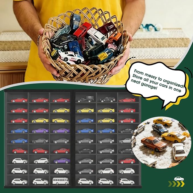 Model Car Display Case 24 x 17 in, Holds 54 Fits 1/64 Scale Toy car Storage Organizer,Wall-Mounted Toy Shelf Display Storage, Collapsible Wooden Box with 2 Acrylic Cover Plates (Only Box - Black) - Image 4
