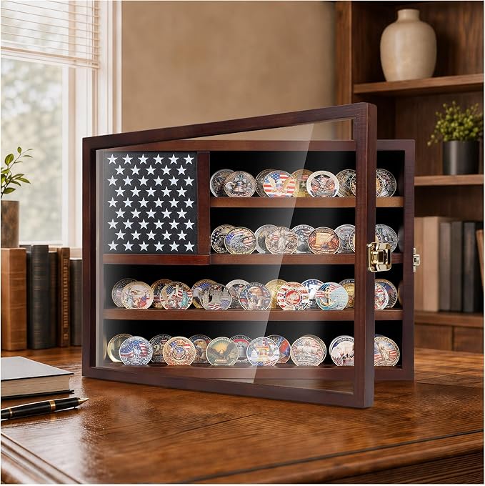 Walnut Colored Wooden America Flag Military Challenge Coin Display Case Holder，Challenge Coin Holder Display Case,15x11 Removable Star Board Hd Tempered Glass Door（Not Acrylic,Wall Mount. by Unknown