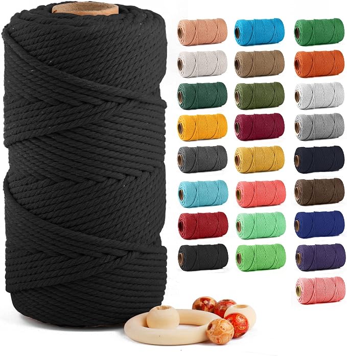 ZUEXT Macrame Cord, Black, 5mm x 109yds Cotton String Macrame Yarn | 100% Natural Handmade, 4 Strands Twisted Cotton Rope, For Wall Hanging Plant Hangers Gift Wrapping Tapestry DIY Crafts, 100m by ZUEXT