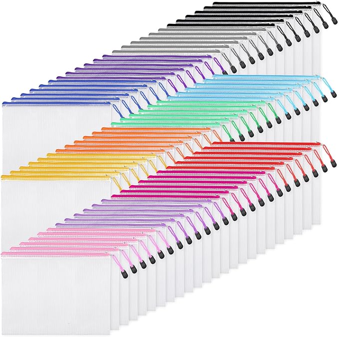 EOOUT 72pcs Mesh Zipper Pouch, A4 Size, 12 Colors Zipper Bags for Organizing Storage, Waterproof Puzzle Bag, Zipper File Bags for Board Games and School Office Supplies by EOOUT