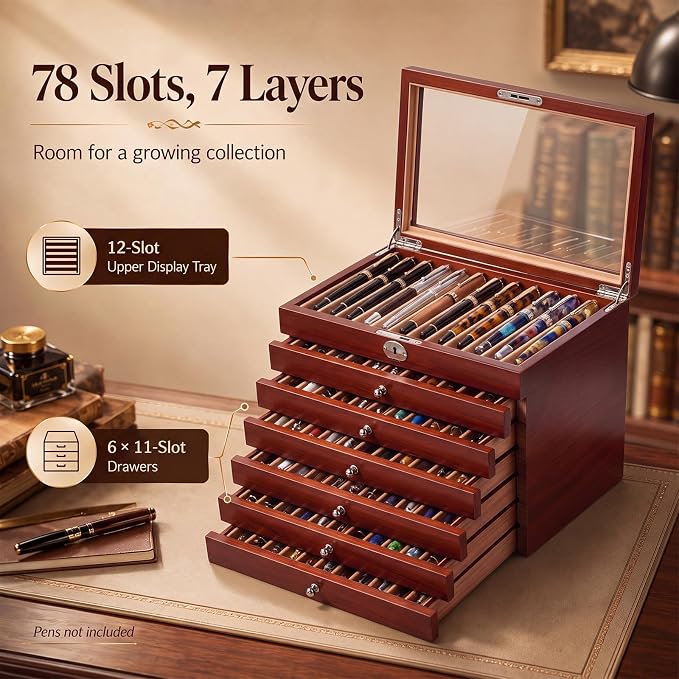 Silipull 78-Slot Fountain Pen Display Case, Key Lock, Cherry Finish, 7-Tier | Key-lock Top, Helps Limit Casual Access to Prized Pens, Glass Lid Displays Favorites, Six Drawers Organize 78 Pens. - Image 3