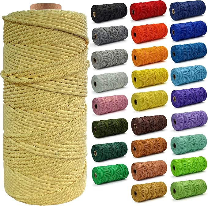 Macrame Cord - Natural Unbleached Macrame Rope - 4 Strand Twisted Cotton Rope for Wall Hanging，DIY Craft Making，Plant Hangers，Knotting Decorative Projects (3mm x 220Yards, Light Yellow) by FocusoncottonHdviai