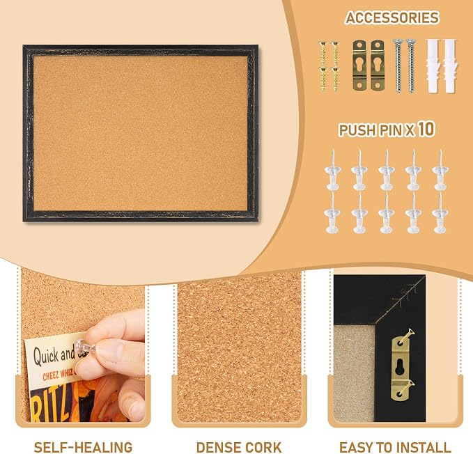 DOLLAR BOSS Cork Board, 24" X 18" Rustic Framed Bulletin Board, Black | Decorative Pin Board, Wall Hanging Notice Board, For Office & Home Decor Memo Display, With Pins - Image 2