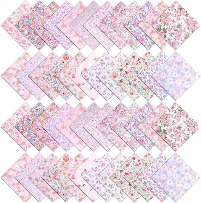 48 Pcs 10 x 10 Inches Pink Floral Cotton Fabric Bundles, Precut Pink Retro Floral Fabric Squares, Spring Quilting Patchwork, Flower Leaves Sewing Fabrics, Assorted Pattern Cloth for DIY Craft Handmade by Unknown