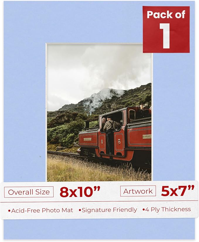 5x7 Mat for 8x10 Frame - Precut Mat Board Acid-Free Show Kit with Backing Board, and Clear Bags Baby Blue 5x7 Photo Matte Made to Fit a 8x10 Picture Frame Matboard for Framing, Pack of 1 Mat by PosterPalooza