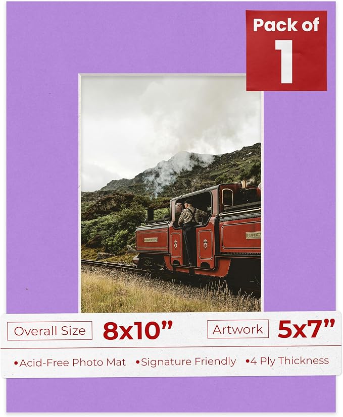 5x7 Mat for 8x10 Frame - Precut Mat Board Acid-Free Show Kit with Backing Board, and Clear Bags Light Purple 5x7 Photo Matte Made to Fit a 8x10 Picture Frame Matboard for Framing, Pack of 1 Mat by PosterPalooza