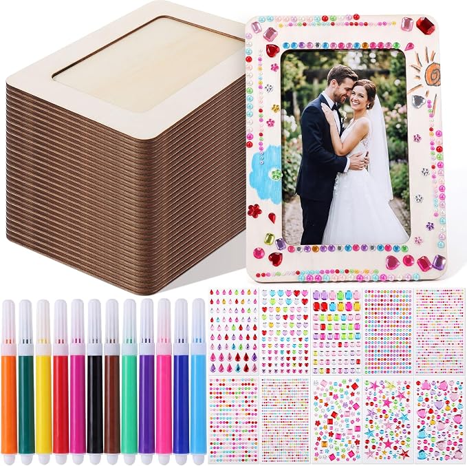 Yousoontic 30 Pack Picture Frame Painting Craft Kit for 4 x 6 Inch Photo DIY Unfinished Wooden Picture Frames with 30 Pcs Color Pens and 10 Sheets Crystal Diamond Stickers for DIY Craft by Yousoontic