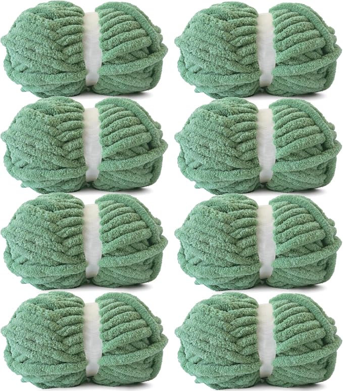 Chunky Chenille Yarn for Crocheting - Bulky Fluffy Yarn for Knitting -100% Polyester-Hand Knitting Blanket DIY (Sage Green, 8 Pack) by FreeasyFar