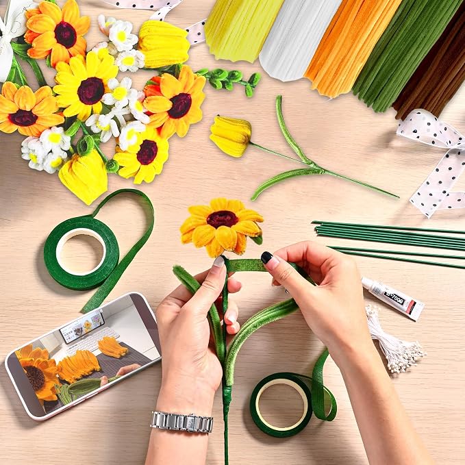 400 Pieces Chenille Stems Pipe Cleaners Craft Kit - Durable Yellow Pipe Cleaners for Crafts & Flowers, Complete DIY Pipe Cleaner Flower Kit for Kids, Ideal for School Projects & Gifts (Sunflower) - Image 5