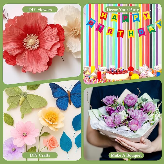 Humyoun 16 Rolls Crepe Paper Streamers 16 x 98 Inch Colorful Crepe Paper Sheets with Floral Stem Wires & Floral Tapes for Flower Making DIY Crafts Birthday Wedding Decoration (Vibrant Color) - Image 6