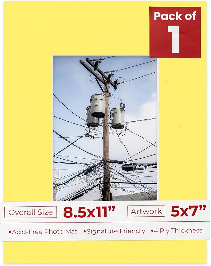 5x7 Mat for 8.5x11 Frame - Precut Mat Board Acid-Free Show Kit with Backing Board, and Clear Bags Yellow 5x7 Photo Matte Made to Fit a 8.5x11 Picture Frame Matboard for Framing, Pack of 1 Mat by PosterPalooza
