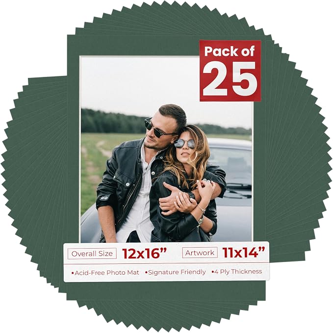 11x14 Mat for 12x16 Frame - Precut Mat Board Acid-Free Show Kit with Backing Board, and Clear Bags Hunter Green 11x14 Photo Matte For a 12x16 Picture Frame Matboard for Framing, Pack of 25 Mats by PosterPalooza