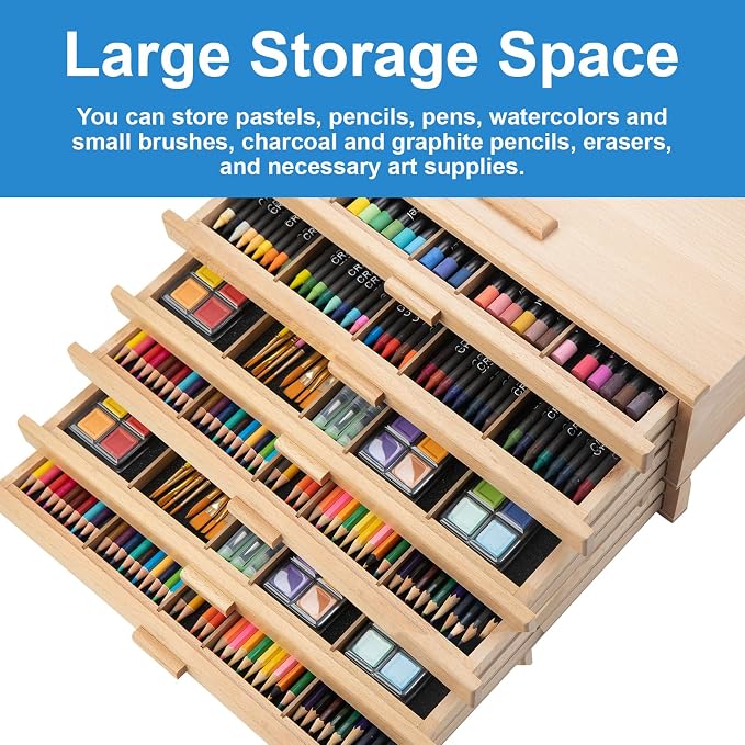 Wooden Pastel Storage Box With 6 Removable Drawers | Artist Supply Storage Box, Portable Organizer Box for Pencils, Markers, Brushes and Painting Tools - Image 4