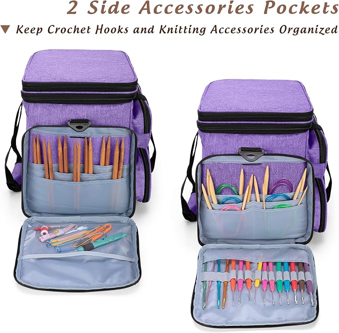 Yarwo Large Crochet Bag Knitting Tote, Yarn Storage Bag with Shoulder Strap | Organizer for Knitting Needles & Crochet Hook(Up to 14”), Clear Top Lid, Unfinished Project Compartment, 4 Yarn Holes, Purple - Image 4
