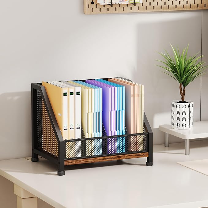 SWTYMIKI Desk Organizer - Paper Organizer, Mesh and Wood Desk Office Organizer, Office Organization and Binder Storage for Workspace, Home, School, Espresso - Image 5