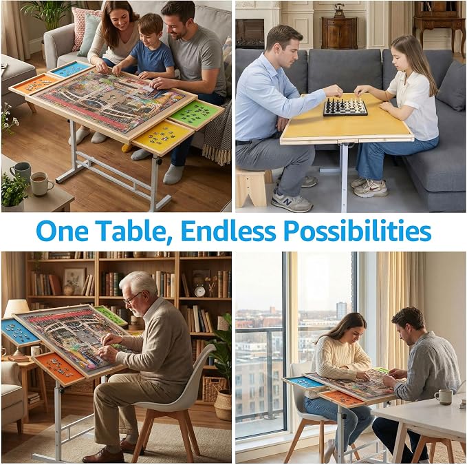 Fanwer Adjustable Puzzle Table with Drawers & Wooden Cover, 1500 Pieces | 35 x 26 in Jigsaw Board with Legs, 24.4-34.6 in Height, Tilting, 4 Drawers for Home Sorting and Storage - Image 8