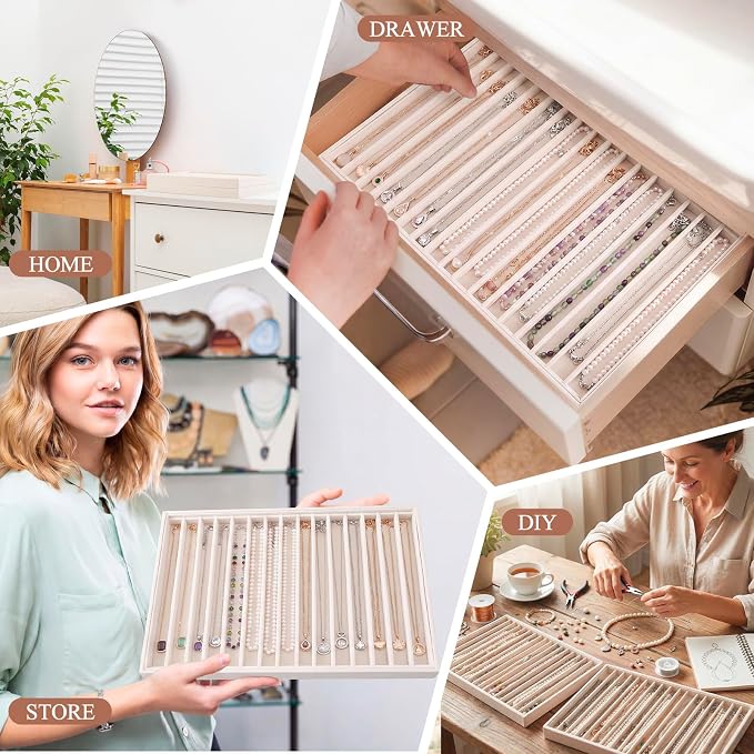 Cinnvoice 4 Pcs Large Stackable Necklace Organizer Tray 17 Grids Velvet Necklace Display Tray Stackable Jewelry Organizer Trays for Drawer Display for Selling Necklaces Bracelet Bangle Showcase - Image 5