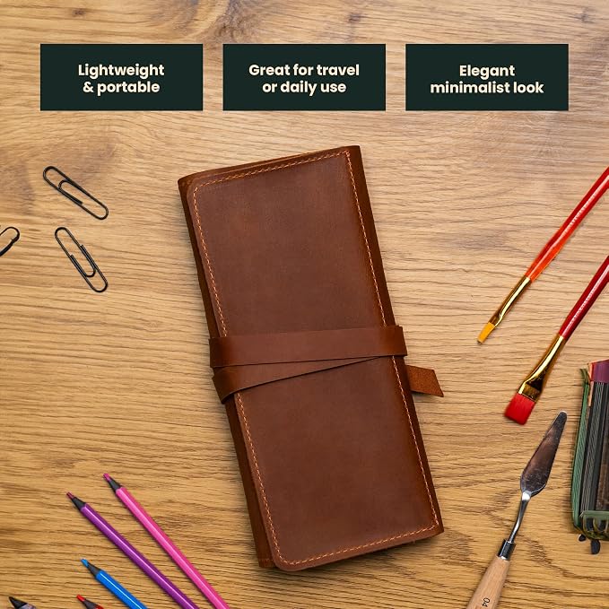 Handmade Artist Pencil Case for Adults Women, Leather Pencil Roll, Artist Gifts, Pencil Wrap Roll Up, Leather Paint Brush Case, Warm Brown - Image 6