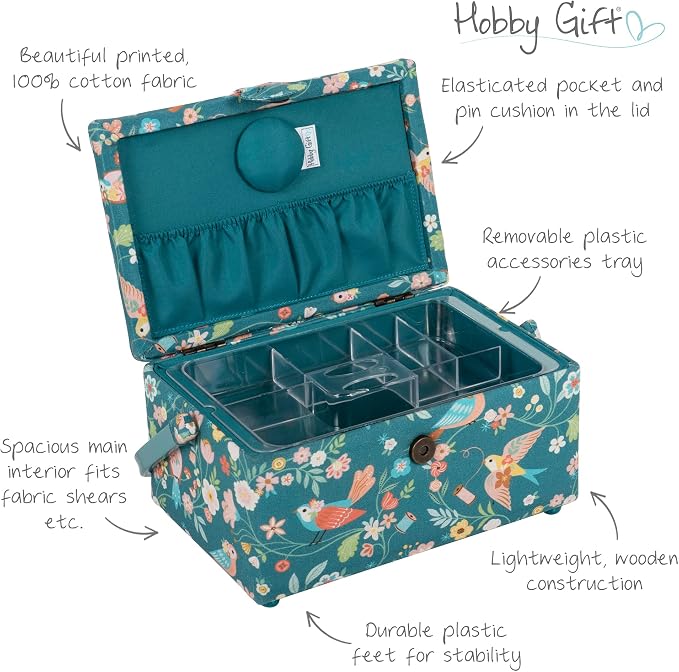 Hobby Gift Medium Sewing Box Organiser, Fabric Covered Storage Box with Handle, Internal Tray, Pin Cushion and Pocket for Sewing, Quilting and Knitting Supplies - Image 3