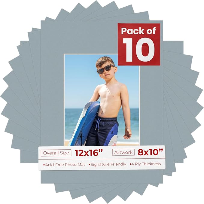 8x10 Mat for 12x16 Frame - Precut Mat Board Acid-Free Show Kit with Backing Board, and Clear Bags Metallic Silver 8x10 Photo Matte For a 12x16 Picture Frame Matboard for Framing, Pack of 10 Mats by PosterPalooza