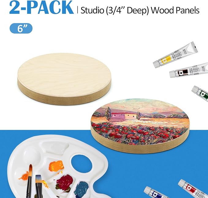 2 Pack 6'' Unfinished Round Birch Wood Panels for Painting | Studio 3/4’’ Deep Wood Canvas, Cradle Boards for Acrylic Pouring, Burning, Crafts, Epoxy Resin, Laser Engraving Cutting - Image 6